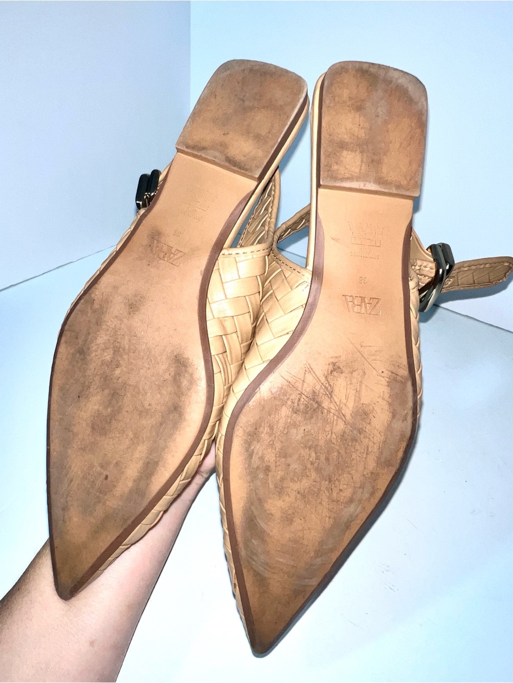 ZARA Woven Leather Pointed Toe Slingback Flats Buckle Nude Tan Sz 38 - Picture 10 of 12